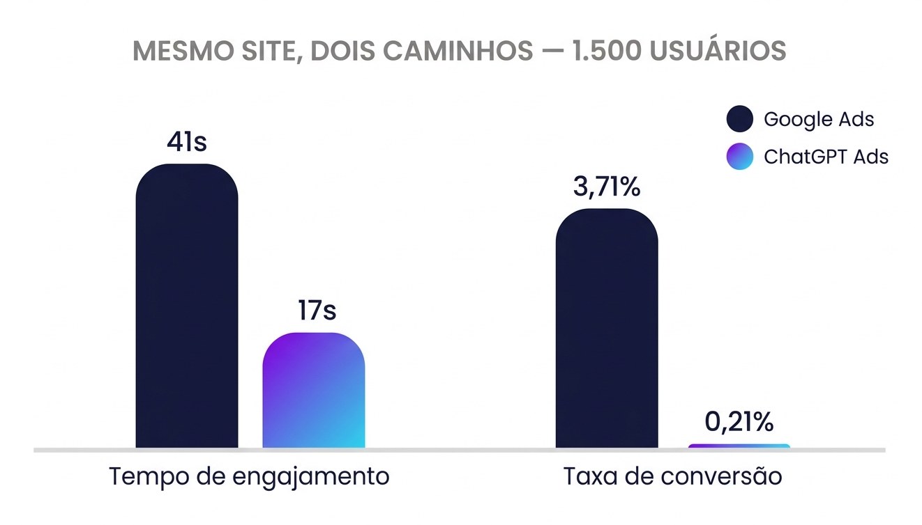Comparação de desempenho entre Google Ads e ChatGPT Ads no mesmo site: tempo médio de engajamento de 41 contra 17 segundos e taxa de conversão de 3,71% contra 0,21%.