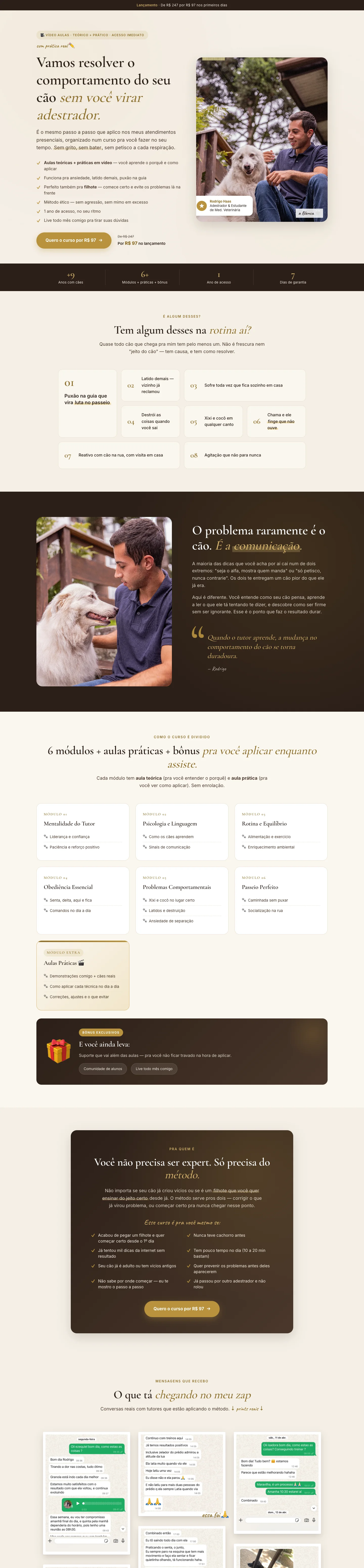 Landing page do curso de adestramento do Rodrigo Haas
